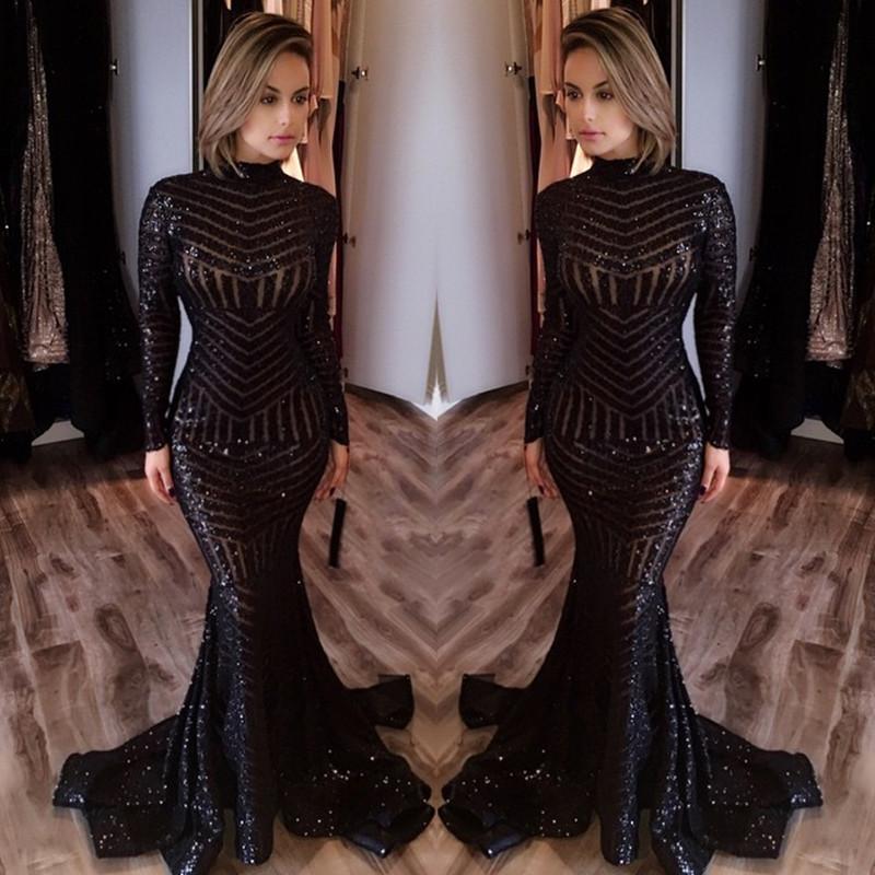 Sequined Mermaid Black Long Evenoing Dresses Sleeves High Neck Sexy Prom Dress
