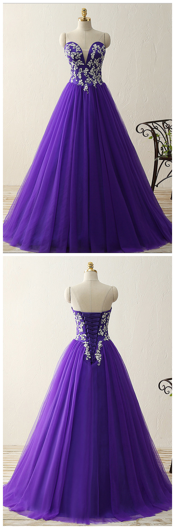 Charming Prom Dress, Sweetheart Crystal Beads Satin Tulle Floor Length Ball Gown Vintage Dress