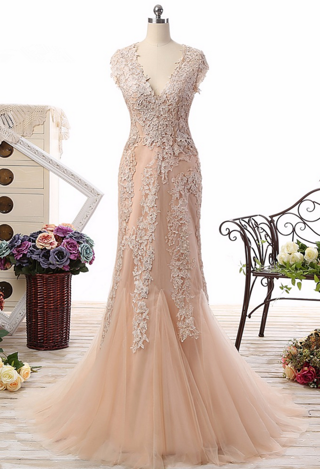 Vintage Lace A Line Pink Flower Prom Dresses Custom Cap Sleeves Beach Bride Dresses V Neck