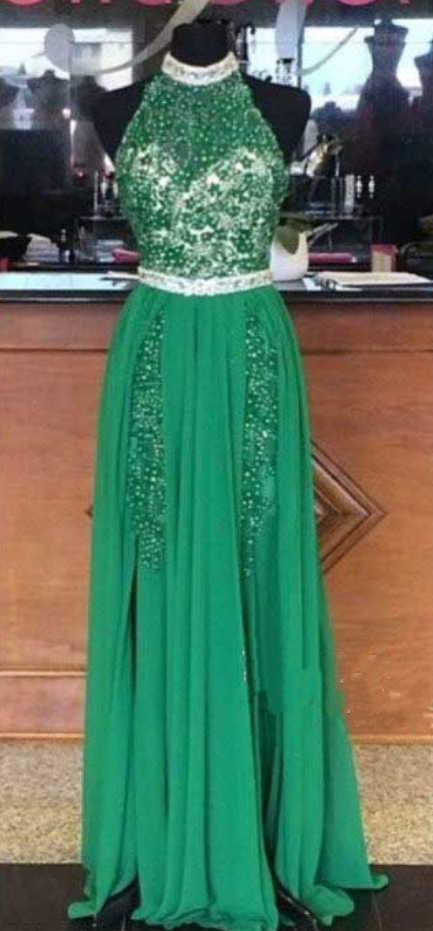 Prom Dress,halter Prom Dress,beaded Prom Dresses, Backless Prom Dress, Green Prom Dress