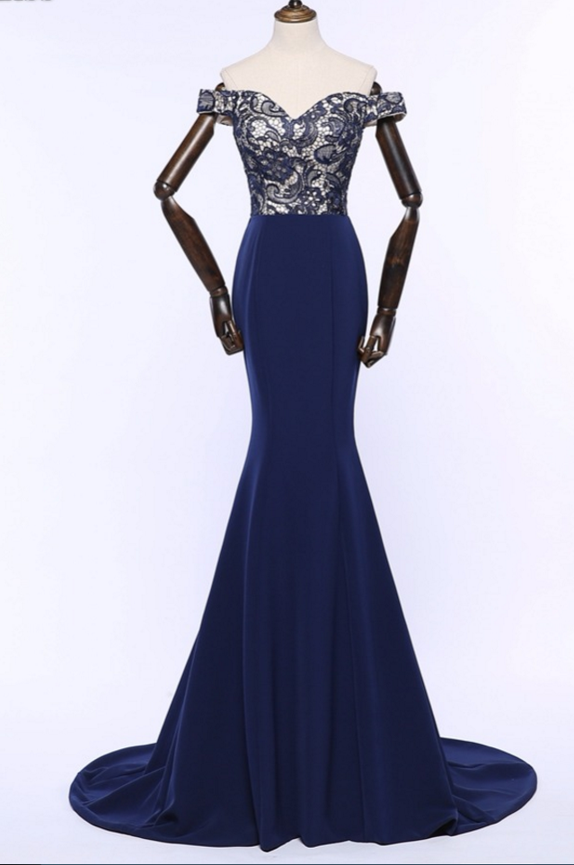 Luxurious Lace Mermaid Long Evening Dresses V-neck Dark Blue Pageant ...