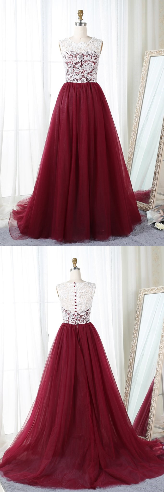 Unique Burgundy Tulle Long A-line Evening Dress, Long Winter Formal Prom Dress
