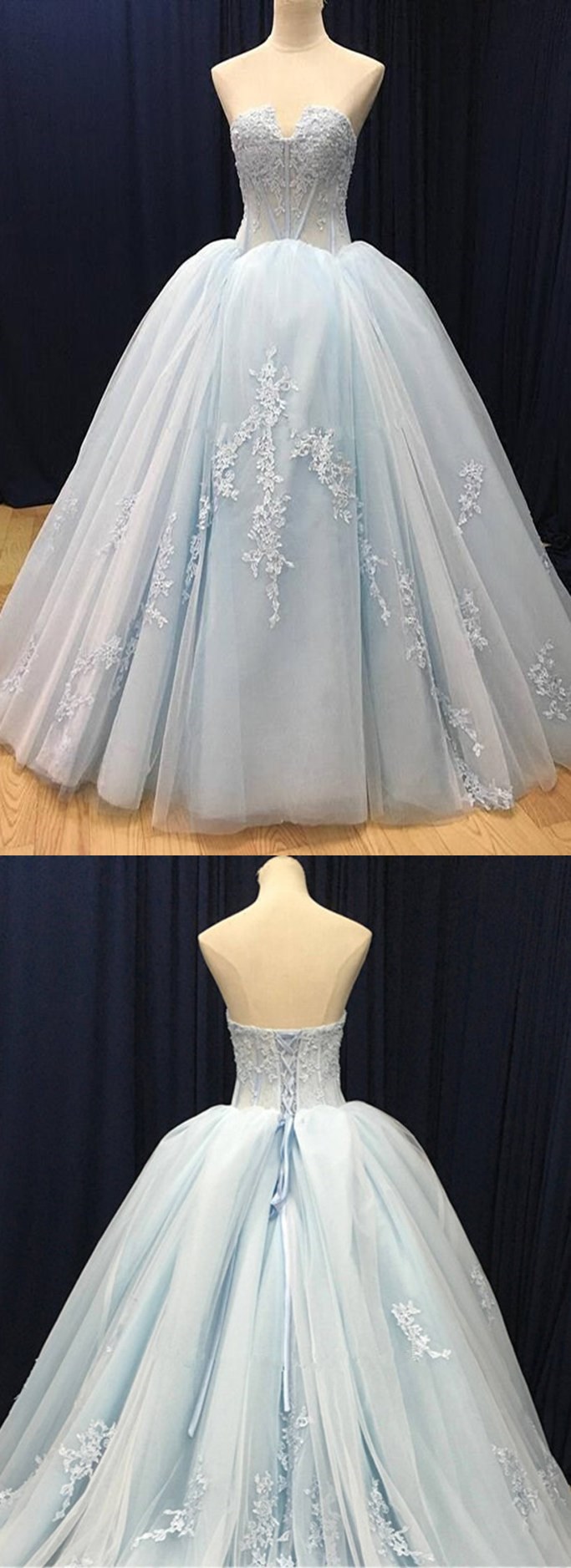Blue Tulle Customize Long V Neck High Waist Evening Dress, Long Formal Prom Dress