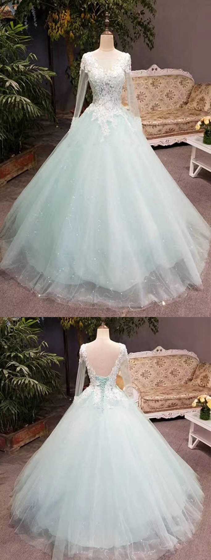 Unique Mint Tulle Long Lace Top Winter Prom Dress With Sleeves