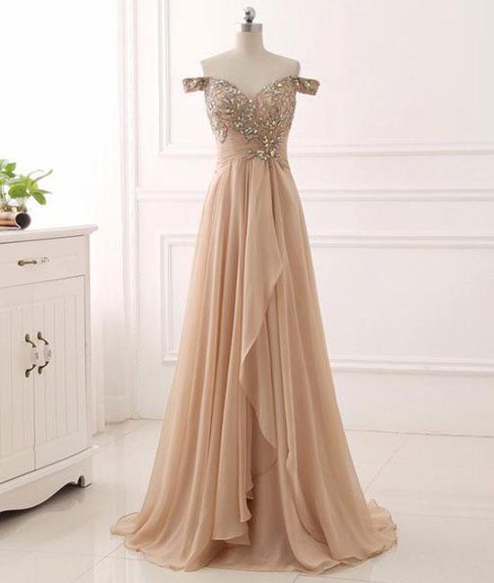 Champagne Beaded Embellished Off-the-shoulder Sweetheart Floor Length Chiffon A-line Prom Dress, Formal Dress