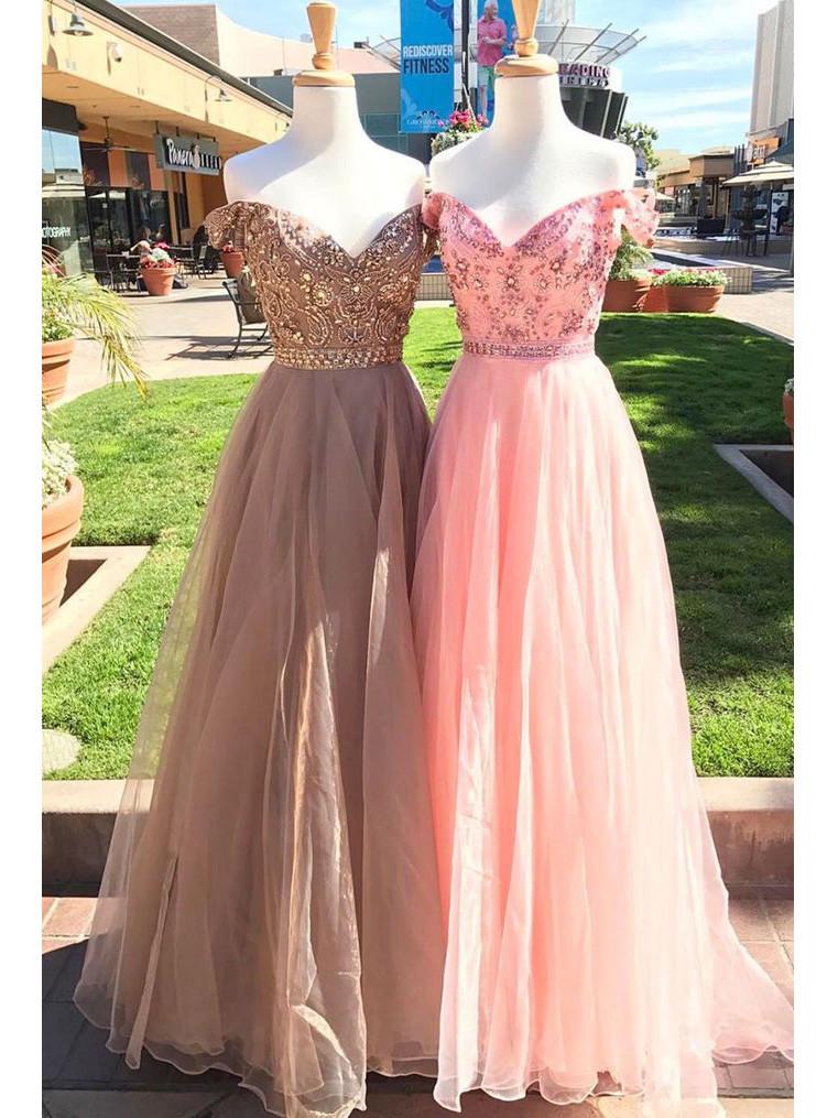Shiny A-line Off-shoulder Pink Gray Tulle Long Prom Evening Dress With Beading