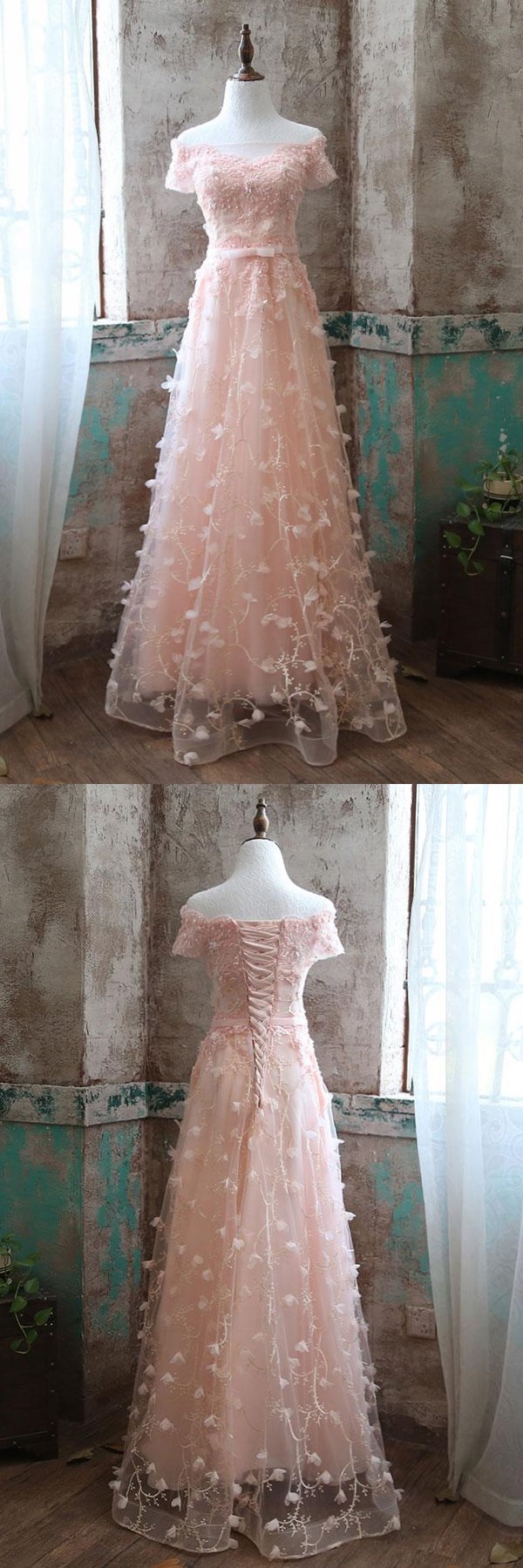 Pink Lace Tulle Long Prom Dress Pink Evening Dresses