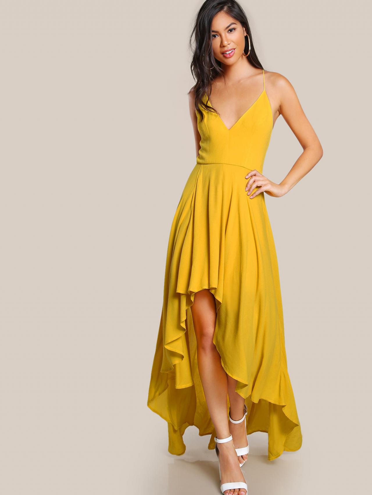 Backless High Low Cami Dress Yellow Long Chiffon Prom Dress on Luulla