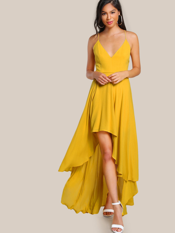 Backless High Low Cami Dress Yellow Long Chiffon Prom Dress on Luulla