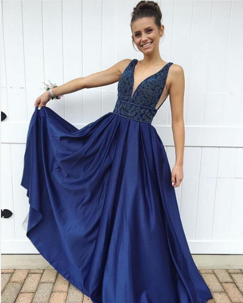 Blue A-line v neck beaded long prom dress, blue evening dress
