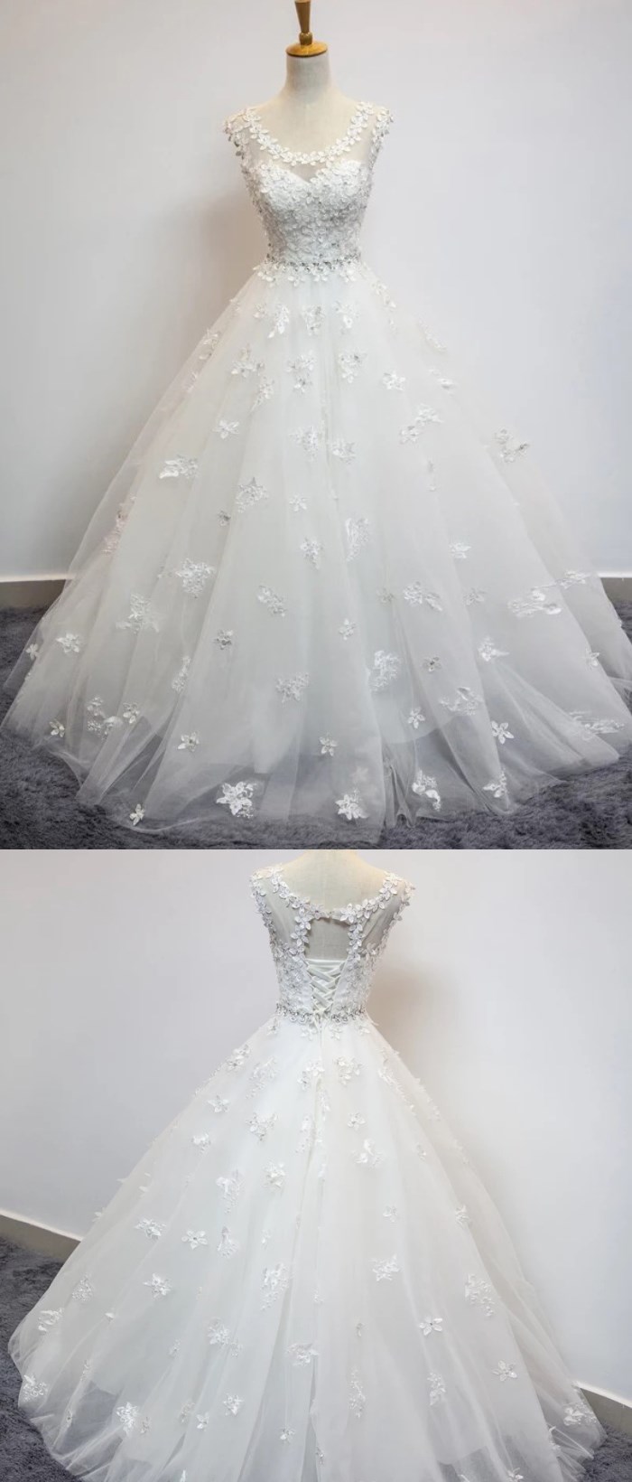 Ball Gown Scoop Neck Tulle Floor-length With Beading Wedding Dresses