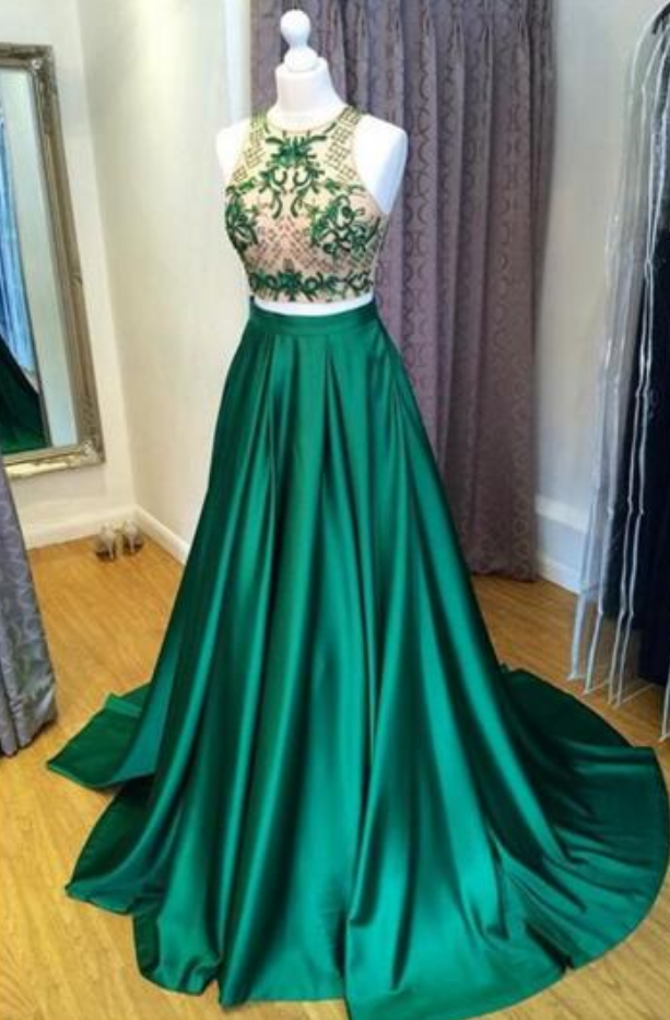 Green Charming A-line Round Neck Sleeveless Two Piece Satin Prom Dress