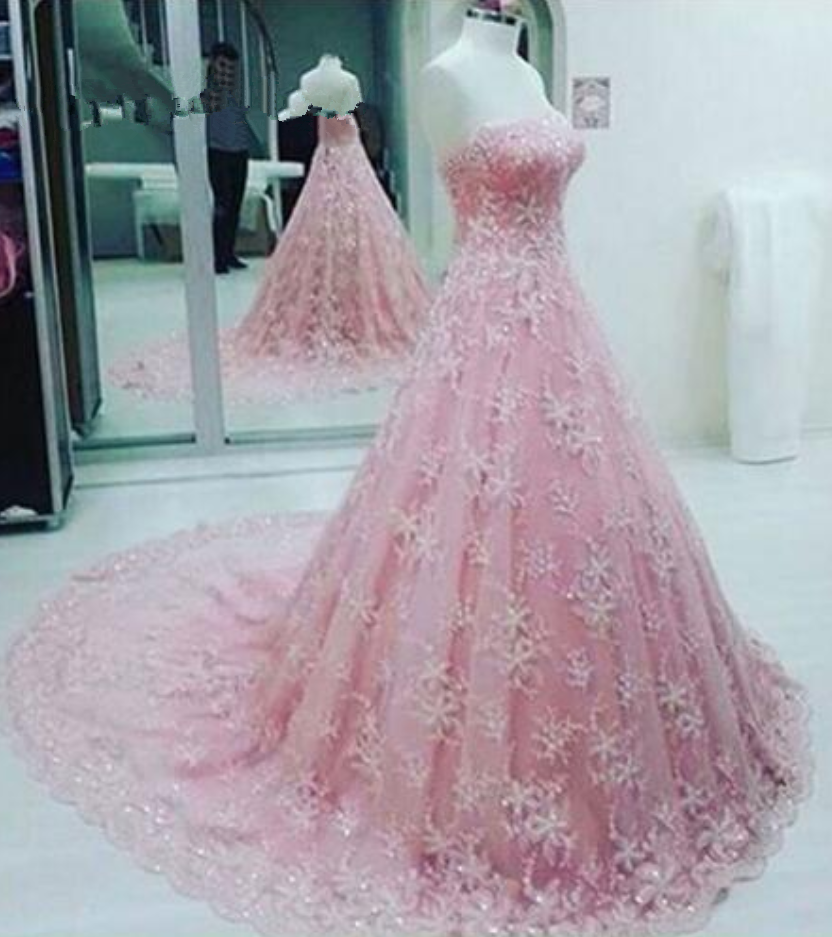Bridal Ball Gown Strapless Pink Lace Formal Women Evening Dress