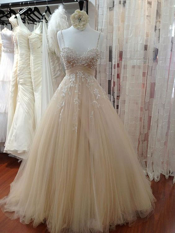 Champagne Sweetheart Neck Tulle Lace Prom Dress, Evening Dress, Formal Dress