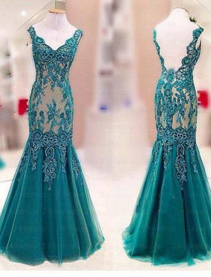 Green Mermaid Prom Dress, Lace Appliques Tulle Party Dress, Long Backless Prom Dress