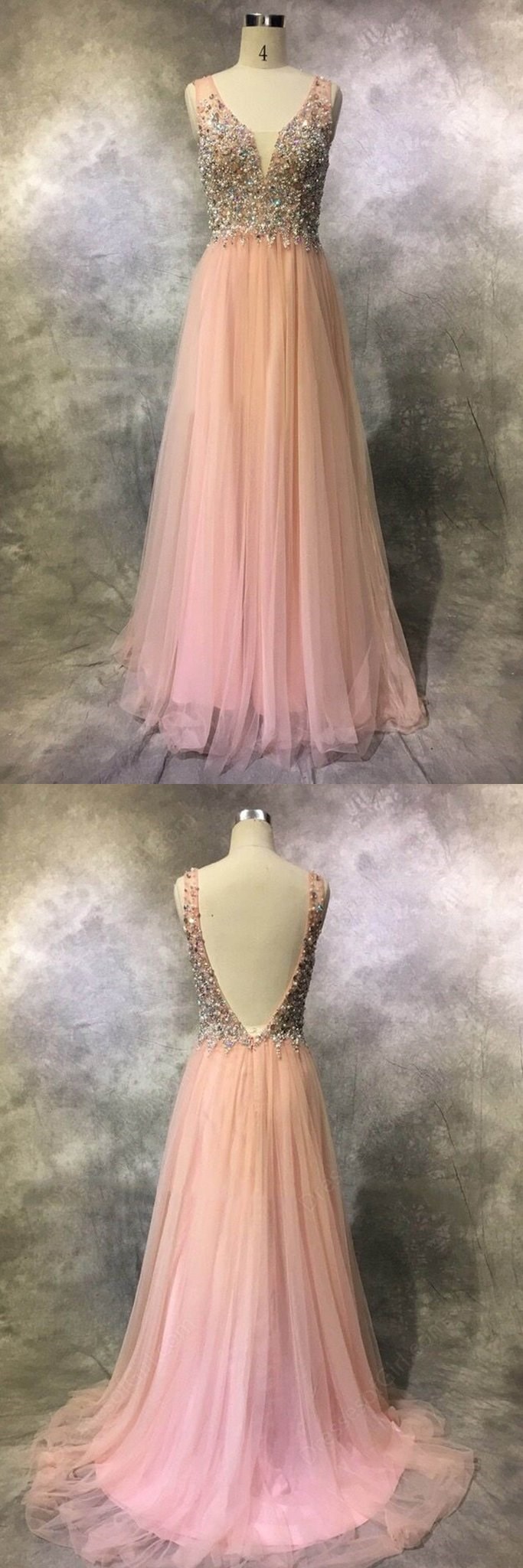 Pretty Pink Tulle Sequins Beading V-neck Long Dresses,evening Dresses