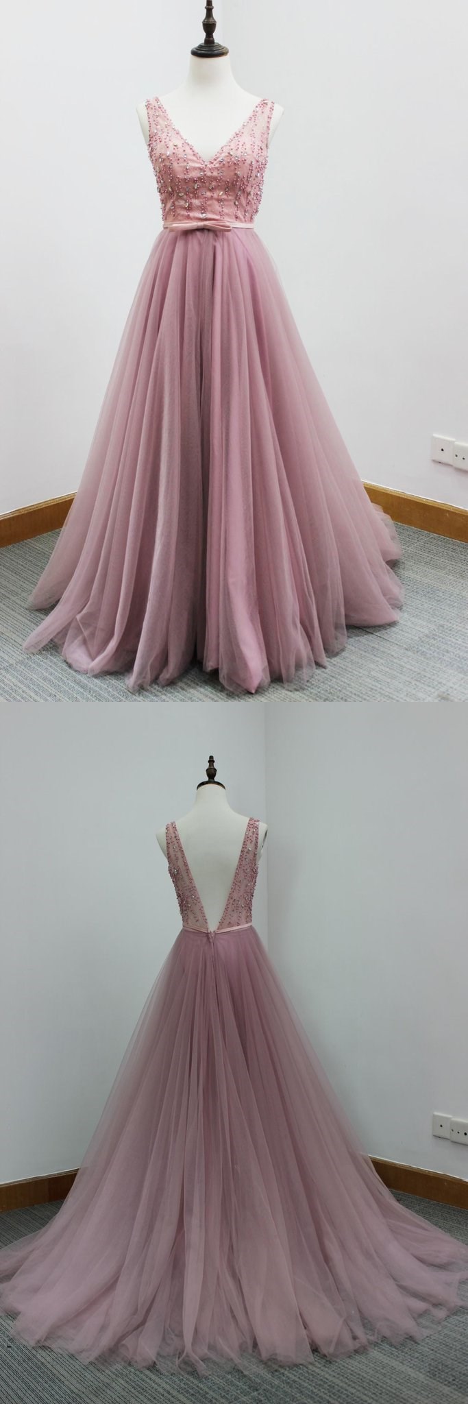 Pink Tulle V-neck Long Dress,beading Sequins Open Back Graduation Dresses