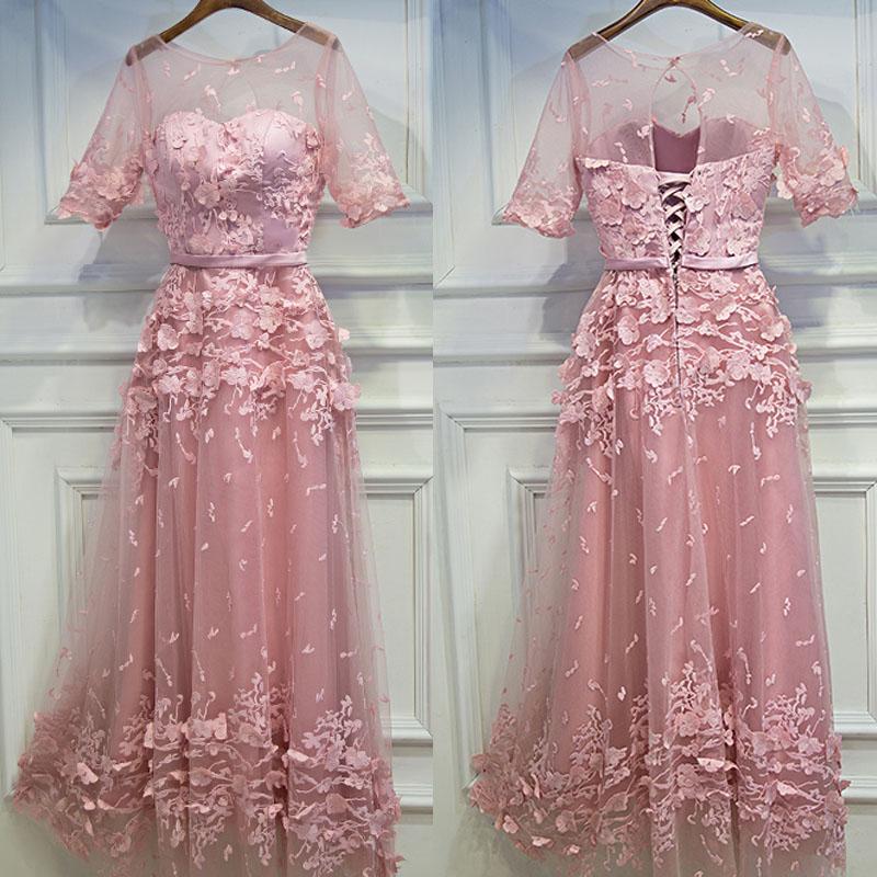 Half Sleeves Tulle Applique Lace Up Back Long Prom Dresses