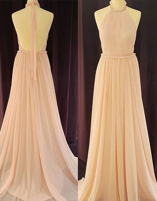 Backless Halter Chiffon Evening Dress, Sexy Pleated Long Prom Dresses