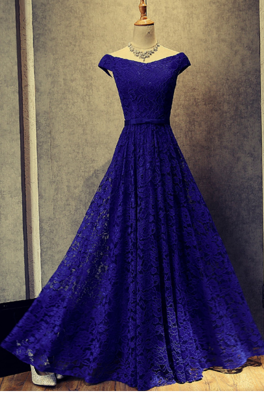 Beautiful Blue Prom Dresses, Elegant A-line Floor Length Lace Long Evening Dresses, Formal Evening Gown
