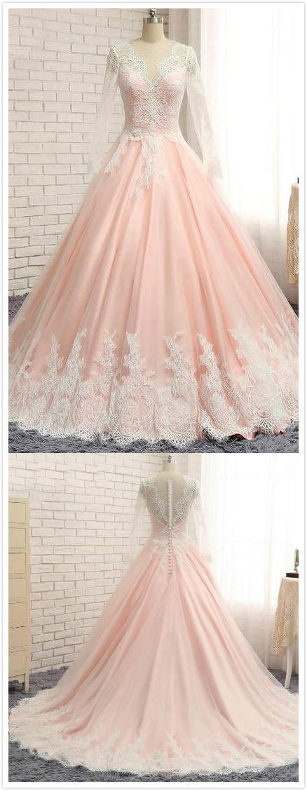 Lace Prom Dress,ball Gown Prom Dress,long Sleeves Evening Dresses,princess Prom Dress, V Neck Prom Dress,applique Prom Gown, Prom Dress,long