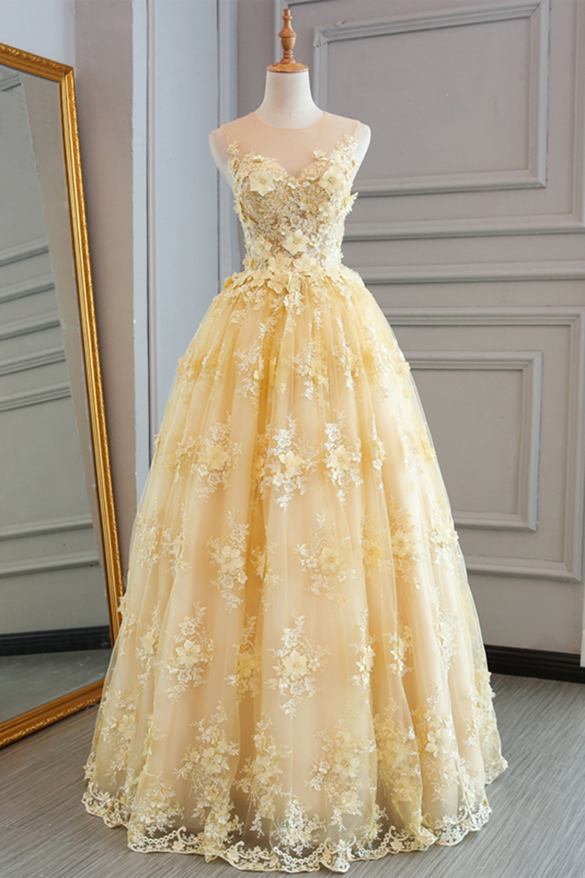 Spring Yellow Lace Customize Long A-line Senior Prom Dress, Long Lace Halter Evening Dress