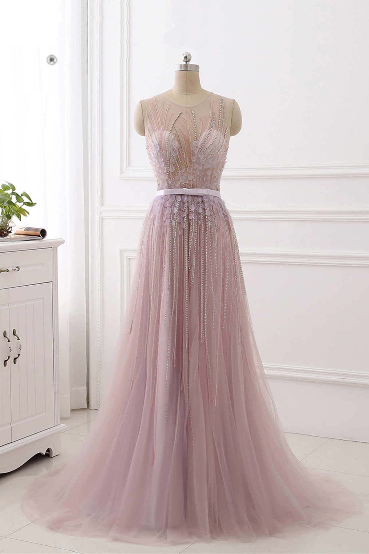 Unique Tulle Beaded Long Evening Dress, 3d Flower Senior Prom Dress