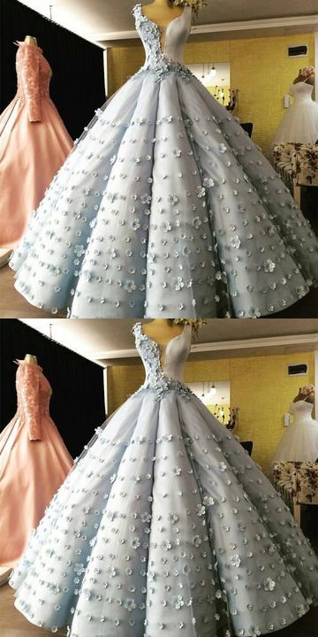 Light Blue Satin V Neck Ball Gown Flower Wedding Dresses