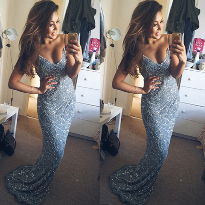 Stunning Mermaid Spaghetti Starps Beadings Appliques Long Prom Dress