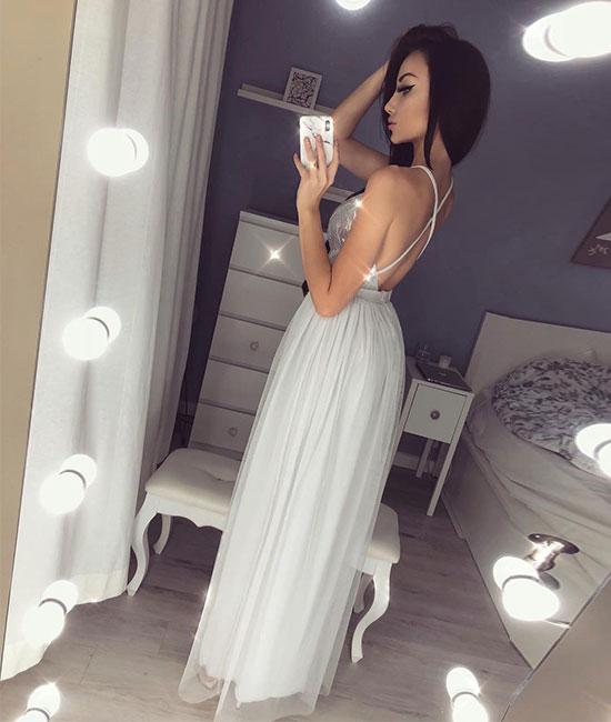 A-line Gray Rround Neck Tulle Long Prom Dress Grey Evening Dress, OL648