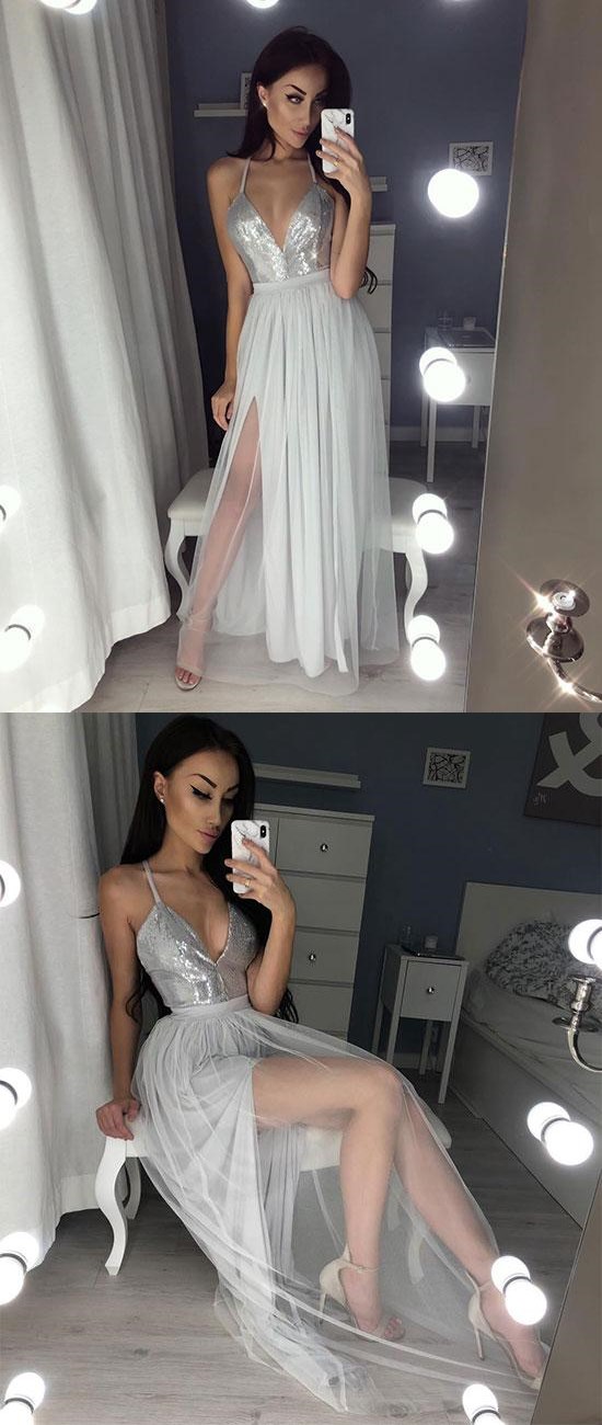 Gray V Neck Tulle Sleeveless Prom Dress with Ruffles LBQ1132