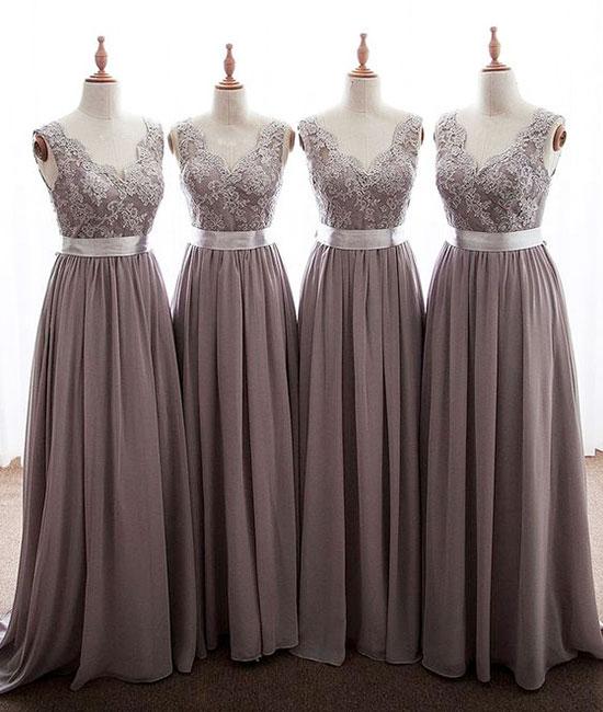 Simple V Neck Lace Chiffon Long Prom Dress, Bridesmaid Dress