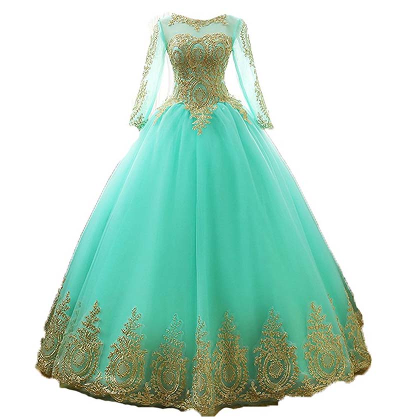 Gorgeous Long Prom Dresses Girls' Ball Gown Gold Lace Appliques Quinceanera Dresses Long Sleeve Floor Length Tulle Party Dresses