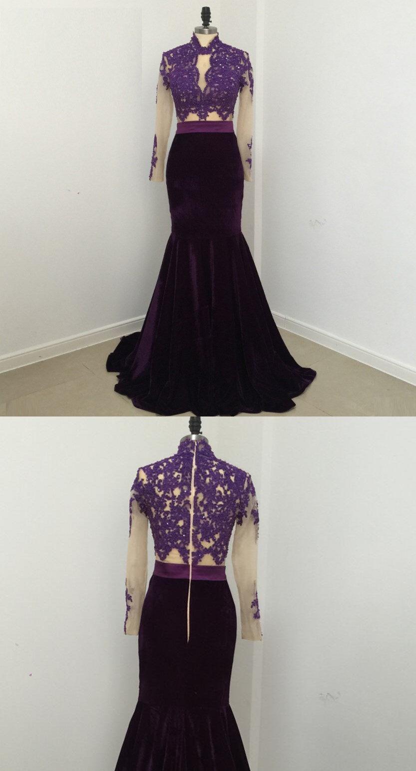 Elegant Sexy Mermaid Lace Velvet Evening Dresses 2018 Party High Neck Long Sleeve Sweep Train 2 Pieces African Purple Prom Dress