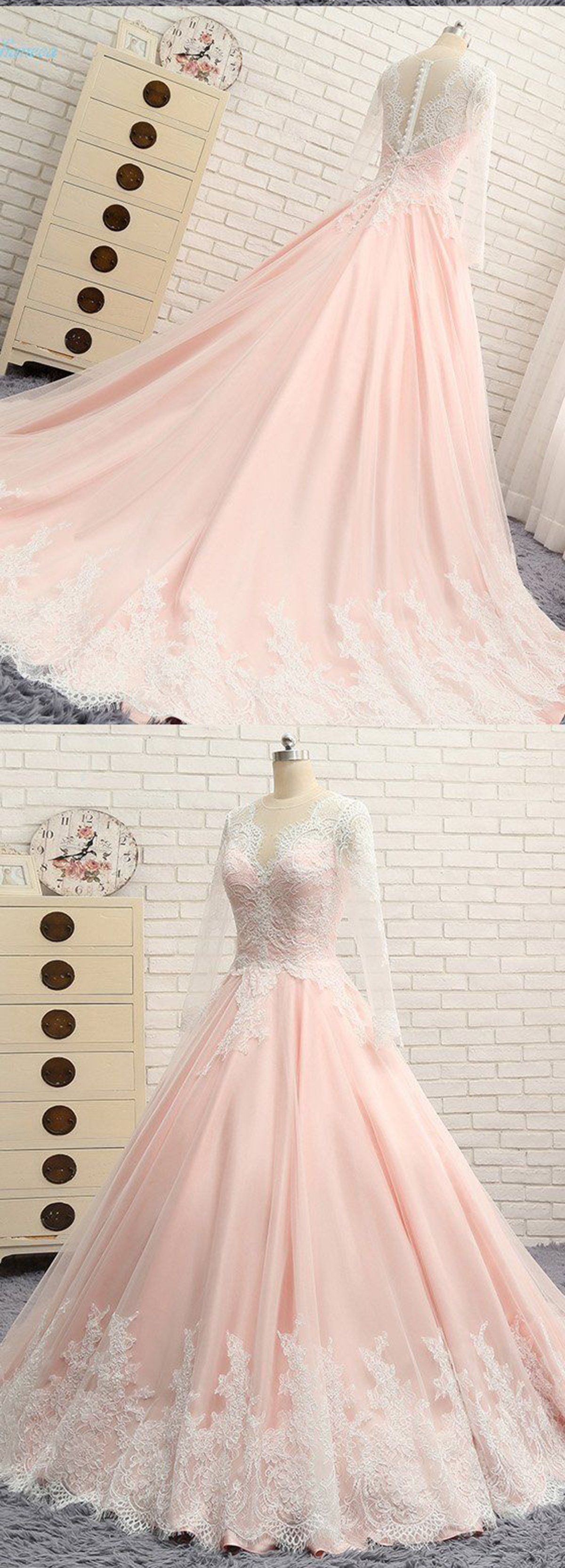 Quinceanera Dress,sweet Dresses,blush Pink Chiffon Long Lace A-line Senior Prom Dress With Sleeves