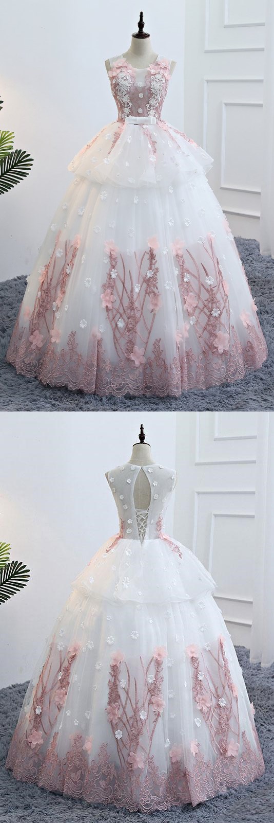Cute White Round Neck Lace Applique Long Prom Gown, Evening Dress