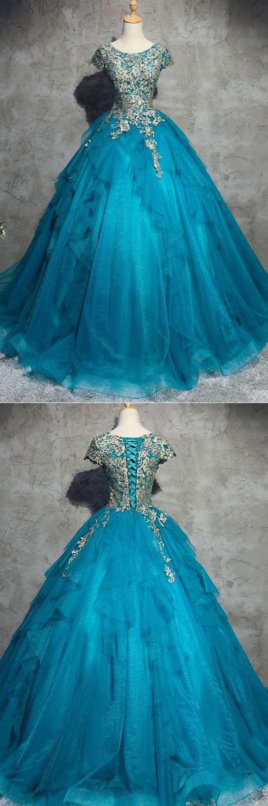 Unique Blue Round Neck Tulle Applique Long Prom Dress, Blue Evening Dress