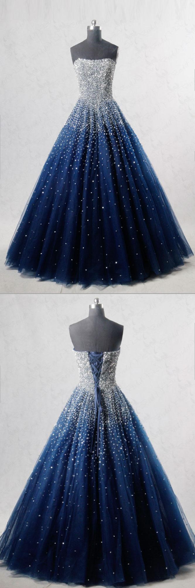 Blue Sweetheart Sequin Tulle Long Prom Dress, Blue Evening Dress