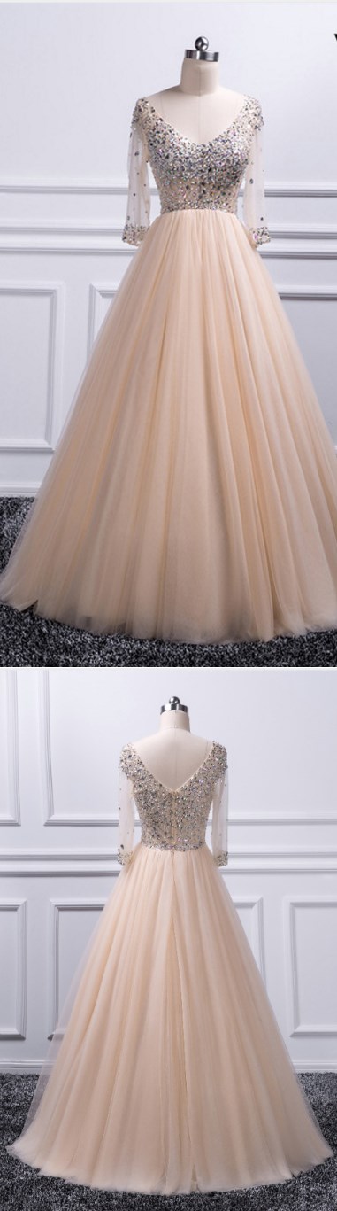 Charming A-line V-neck Beaded Top Tulle Prom Dress 10126