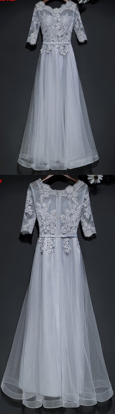 Chiffon Silver Lace Party Dress Short Sleeves Formal Dress