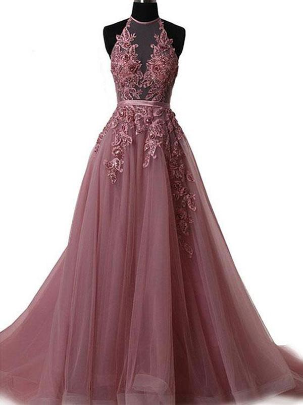Lace Appliqués Mesh Halter Floor Length Tulle A-line Formal Dress Featuring Lace-up Open Back, Prom Dress