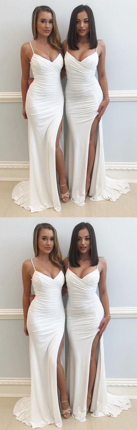 Sexy Mermaid Spaghetti Straps White Chiffon Long Prom/Evening Dress with Split-Side 10083