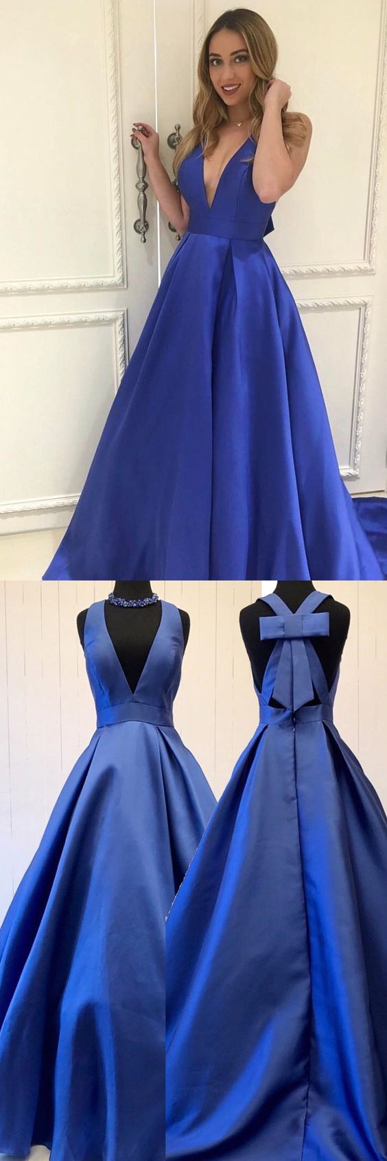 Royal Blue Plunge V Sleeveless Floor Length A-line Formal Dress Featuring Bow Accent Open Back, Prom Dress
