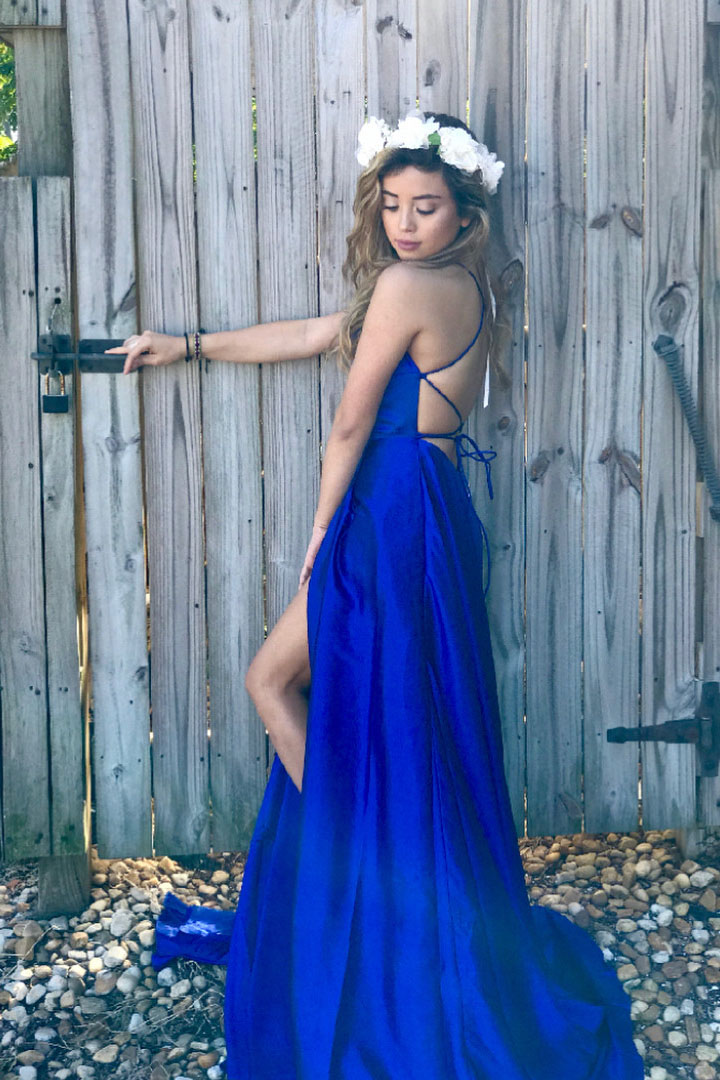 Simple A-Line Spaghetti Straps Backless Royal Blue Satin Long Prom