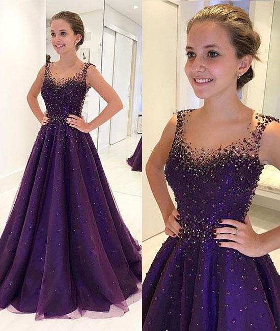 Purple Round Neck Tulle Beads Long Prom Dress, Purple Evening Dress
