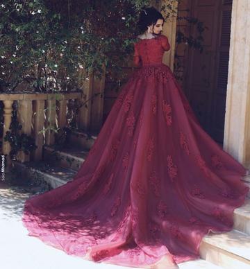 Modest Lace Appliques Ball Gowns Tulle Long Prom Dresses Burgundy Prom ...