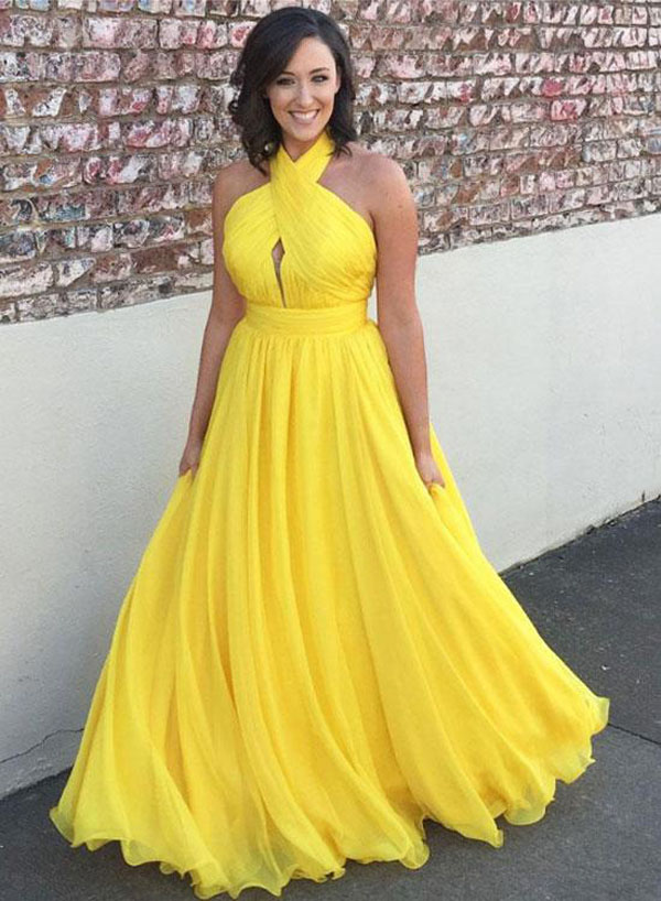 Beautiful Long Yellow Halter Sleeveless Prom Dress With Slit