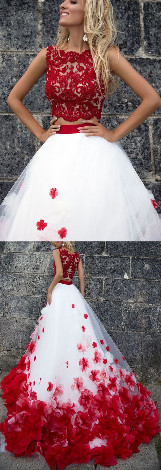 Sexy Two Pieces Red Lace White Skirt A Line Long Custom Evening