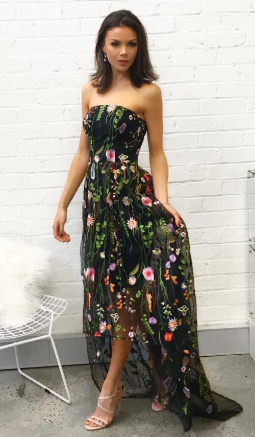 Floral Embroidered Black Strapless Straight-across High Low A-line Mesh Dress