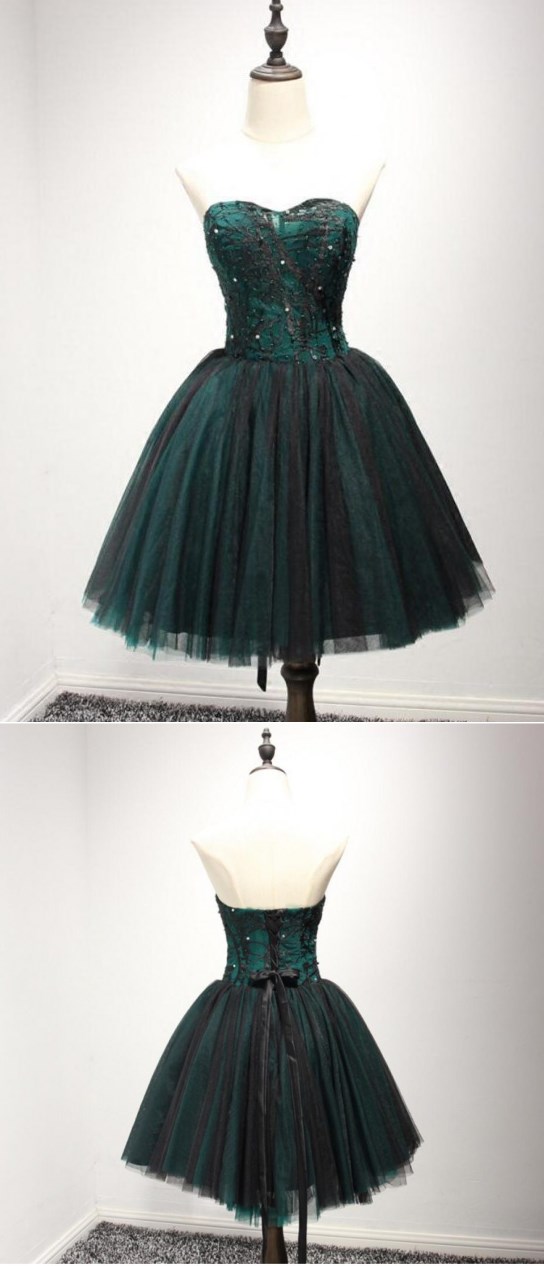 Dark Green A-line,princess Party Homecoming Dresses,short Sweetheart Prom Dresses With Beads,beading Lace Up Dresses